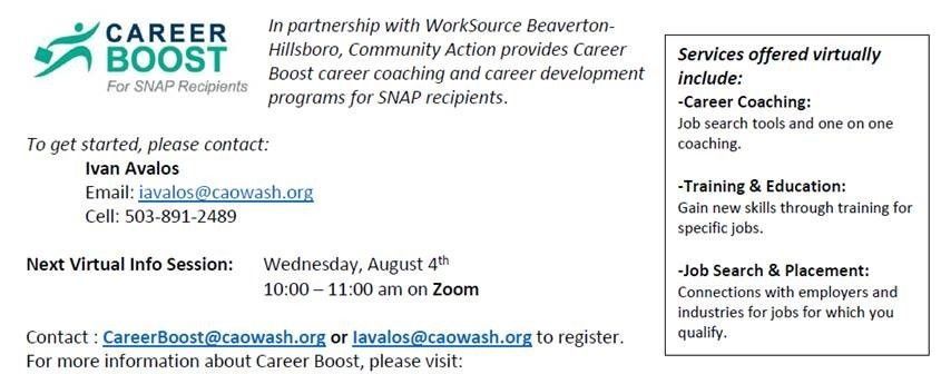 Flyer with more information about the information session. Contact CareerBoost@caowash.org or iavalos@caowash.org to register. 