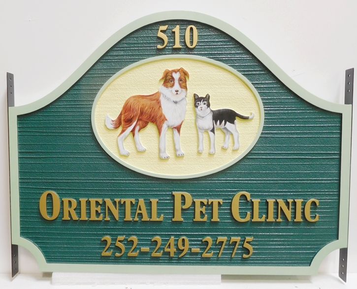 BB11718 - Carved and Sandblasted Wood Grain HDU Sign for the Oriental Pet Clinic, 2,5-D Raised Relief, Artist Painted with Detailed Paintings of a Dog and Cat