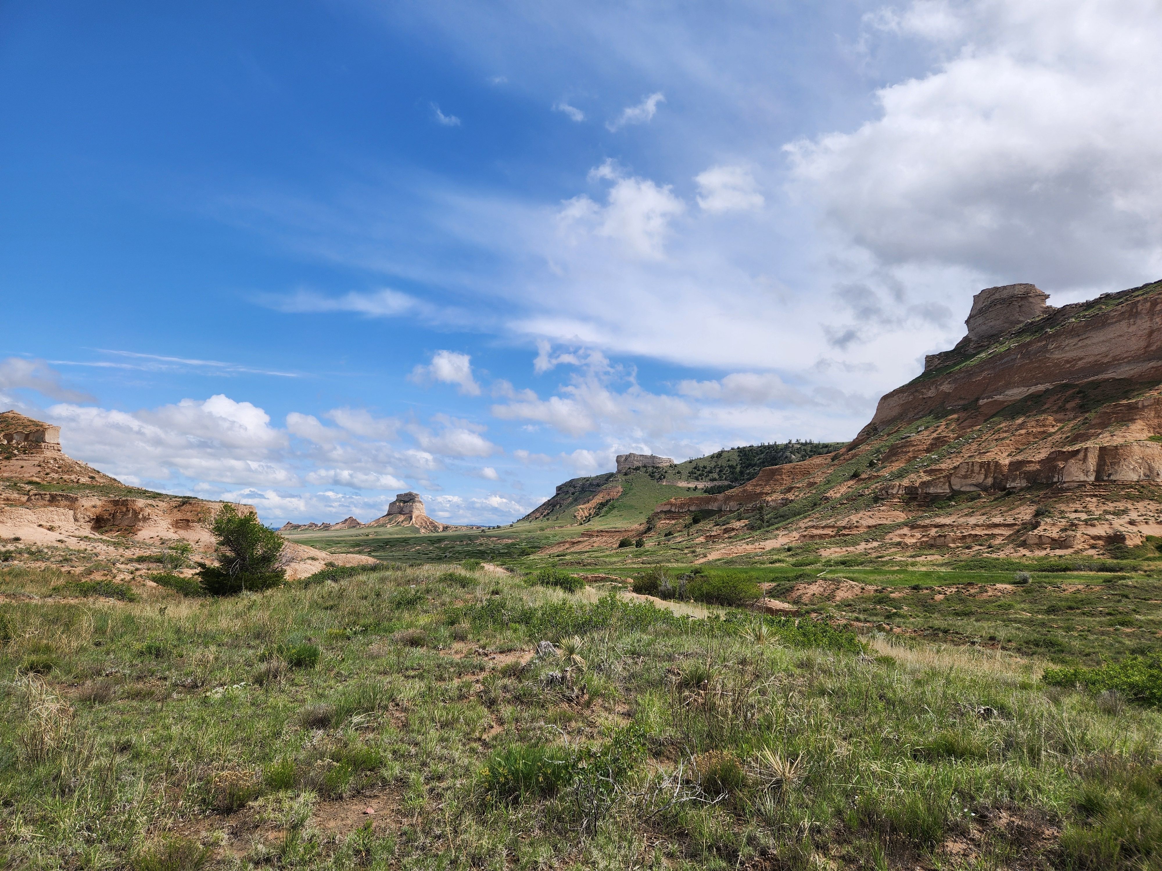 A landscape of blue sky, red earth and plant life at Scotts Bluff National Monument. 