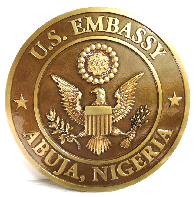 AP-3740 - Carved Plaque of the Seal of the United States Embassy in Abuja,Brass Plated with Brown Patina