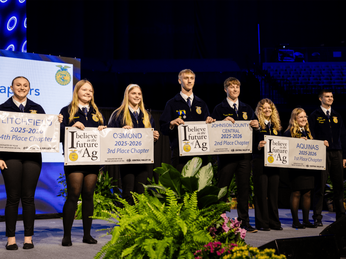FFA Chapters participating in the "I Believe" campaign were recognized on stage at the 2026 Nebraska FFA State Convention. 