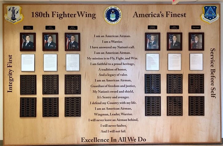 LP-9028 - Photo Awards Board for the  180th Fighter Wing, Air National Guard, Engraved Maple with Replaceable Photos and Engraved Brass Plates