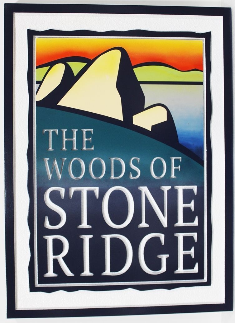 K20233 - Carved 2.5-D Multi-level   Entrance Sign for the "The Woods of Stone Ridge" Residential Community, with  Mountains and a Lake as Artwork