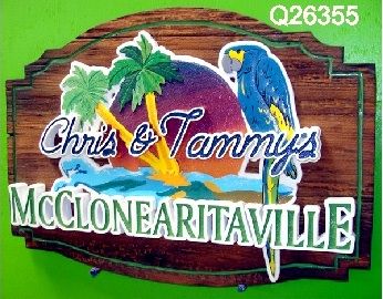 GB16828 - Carved Western Red Cedar Wood and  HDU  Sign for McClonearitaville Pool Bar, with a Parrot, Palm Trees, Setting Sun and Beach Scene as Artwork