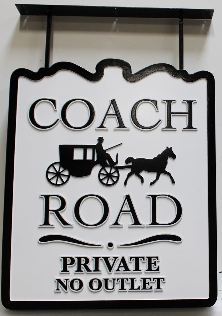 H17081 - Large Carved High-Density-Urethane (HDU) Street Name  Sign, "Coach Road", with a Horse and Coach as Artwork