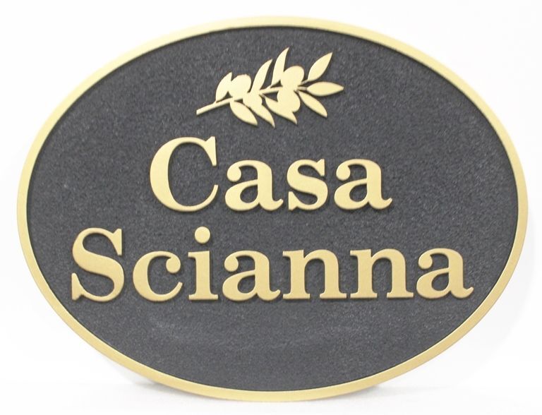 I18333A -  Carved HDU Property Name  Sign for the "Casa Scianna" Residence, with a Branch and Fruit as Artwork