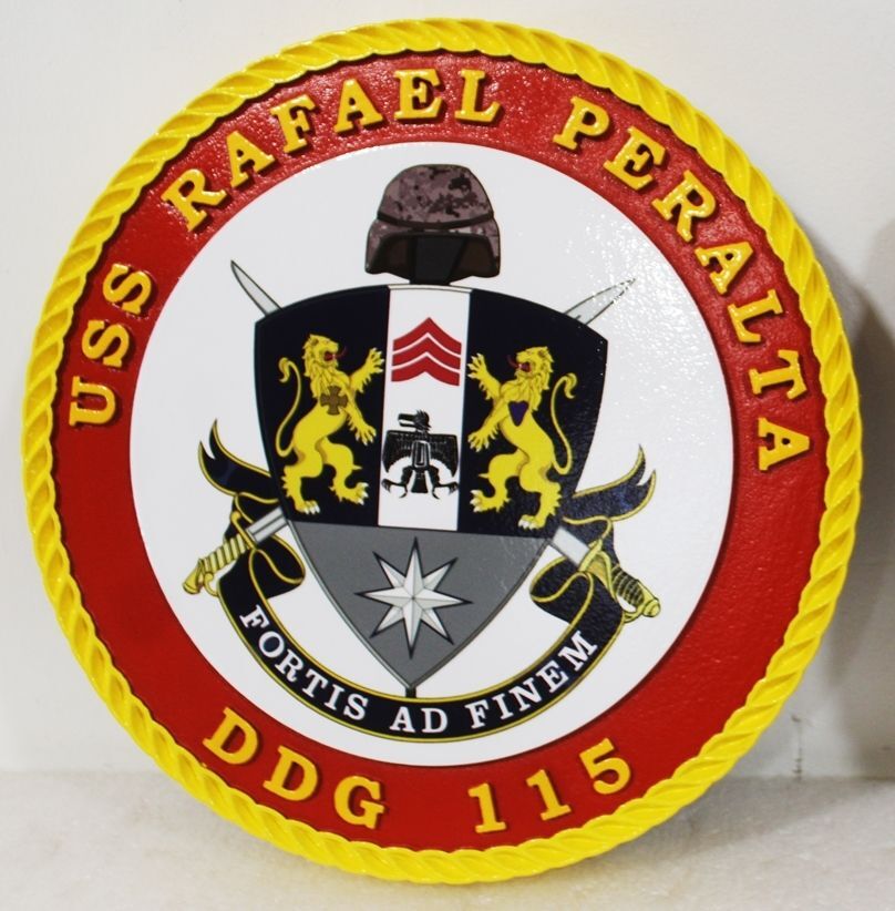 JP-1279A - Carvd 2.5-D Multi-Level Plaque of the Crest of the USS Rafael Peralta, Arleigh Burke Class Destroyer DDG 115