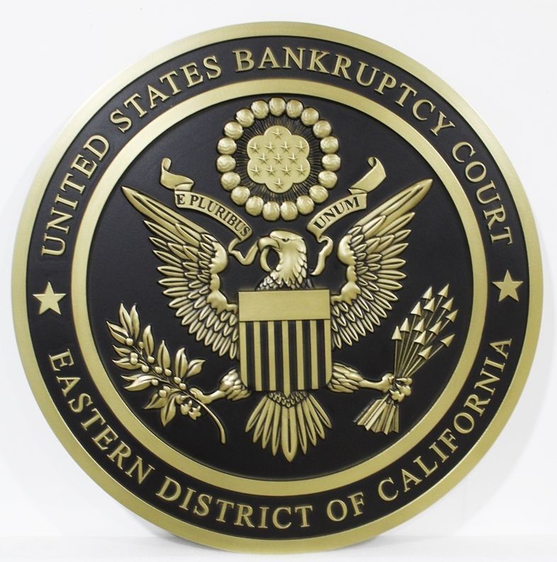FP-1412 - Carved 3-D Brass-Plated HDU Plaque of the Bankruptcy Court,  Eastern District of California