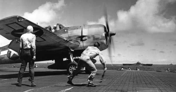 Preparing to launch aircraft from an Essex class carrier, 1944. 