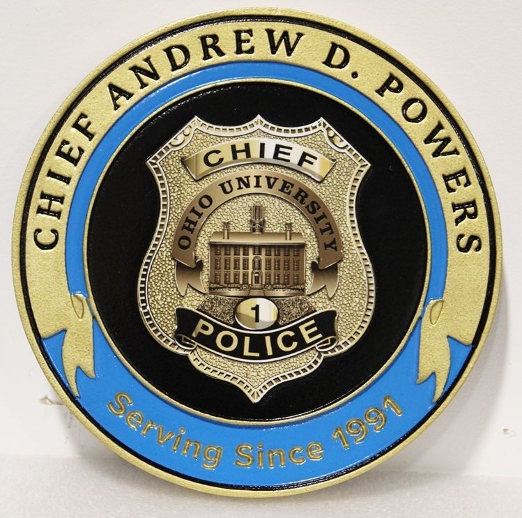 PP-1555-  Carved 2.5-D Raised Relief  HDU Plaque Featuring the Badge of the Chief of the Police Department of Ohio University