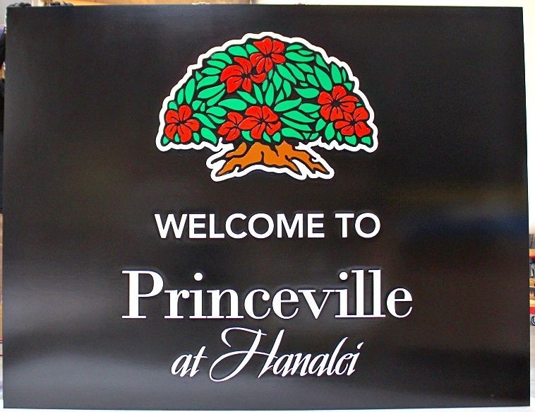 T29017 - Logo Entrance Sign for Princeville at Hanalei carved in 2-D Relief with Raised Artwork and Lettering