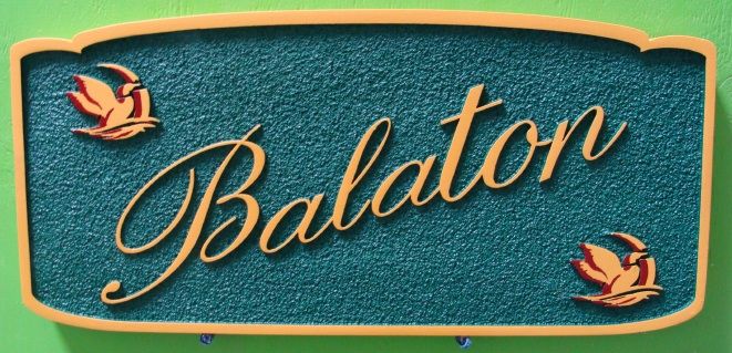 I18515- Carved and Sandblasted Residence Name Sign "Balaton", with Ducks in Pond 