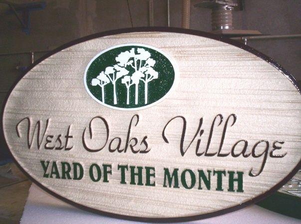 KA20915 - Carved and Sandblasted HDU Yard-of-the-Month Sign for West Oaks Village Home Owners'  Association with Forest Artwork 