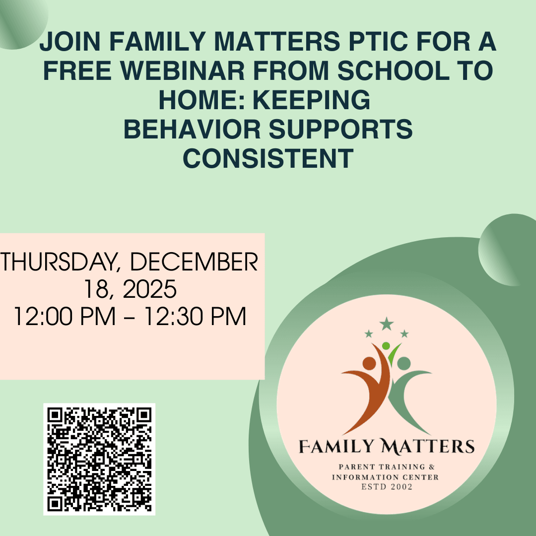 A holiday-themed flyer titled “Family Matters PTIC 2025 December Trainings.” The design includes greenery, red berries, and ornaments along the right side. The flyer describes two upcoming virtual presentations. The first training, “Understanding Function