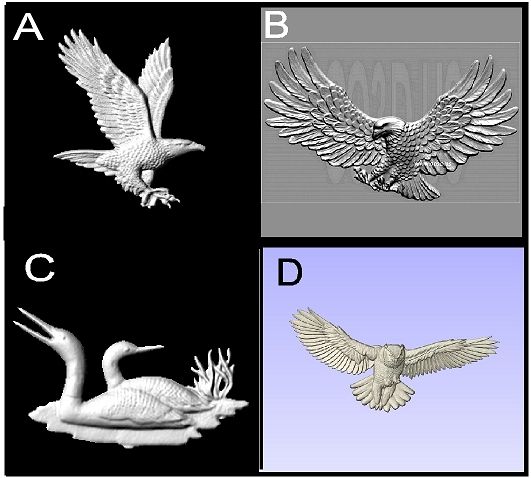 M22977 - Carved 3D Wood Appliques of Bald Eagles,   Loons, and Owl in Flight