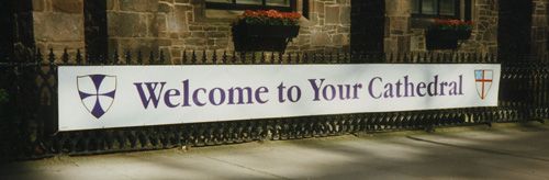 Vinyl Banner, 3 ft. x 20 ft., Mounted on Wrought Iron Fence