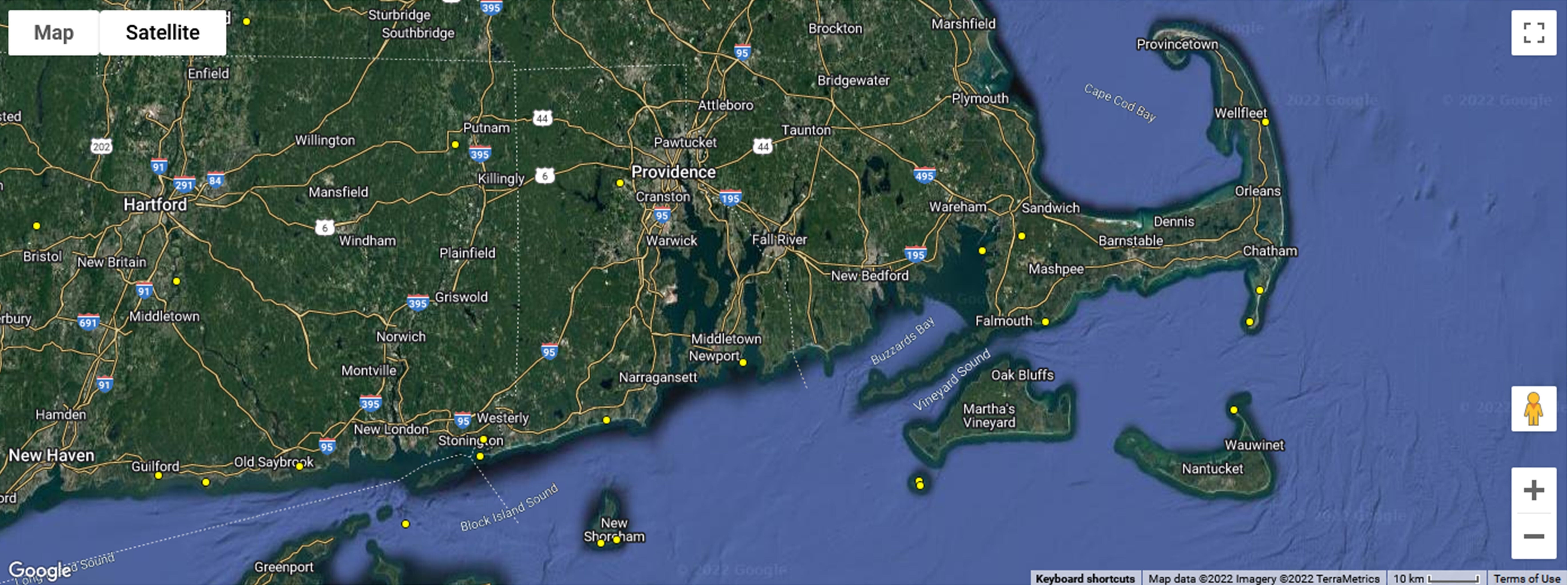 Locations of MOTUS towers in Rhode Island