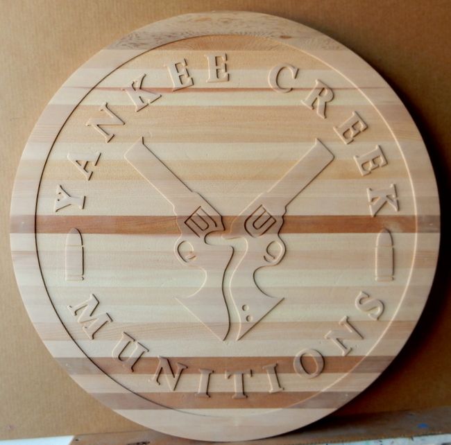 SA28786 - Carved Natural (No Stain) Cedar Wood Sign for the "Yankee Creek Munitions" Company, with  Carved Pistols