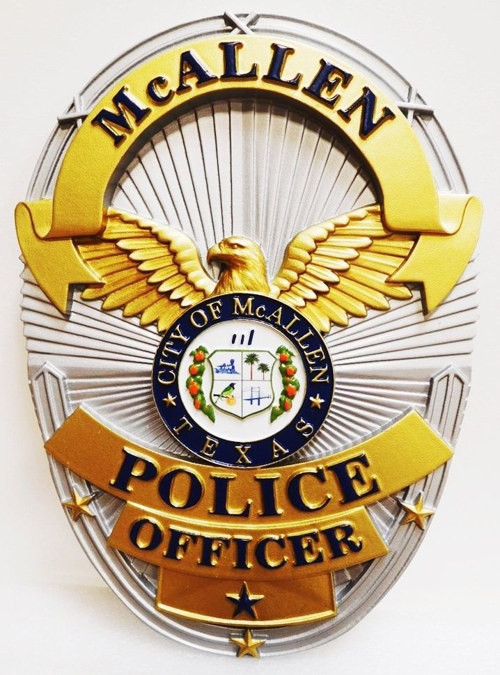PP-1478 - Carved Plaque of a  Badge of a Police Officer  of City of McAllen, Texas, 3-D Artist-Painted 