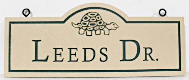 H17033A - Carved HDU Street Name Sign, "Leeds Dr.", 2.5- Artist-Painted with Turtle as Artwork