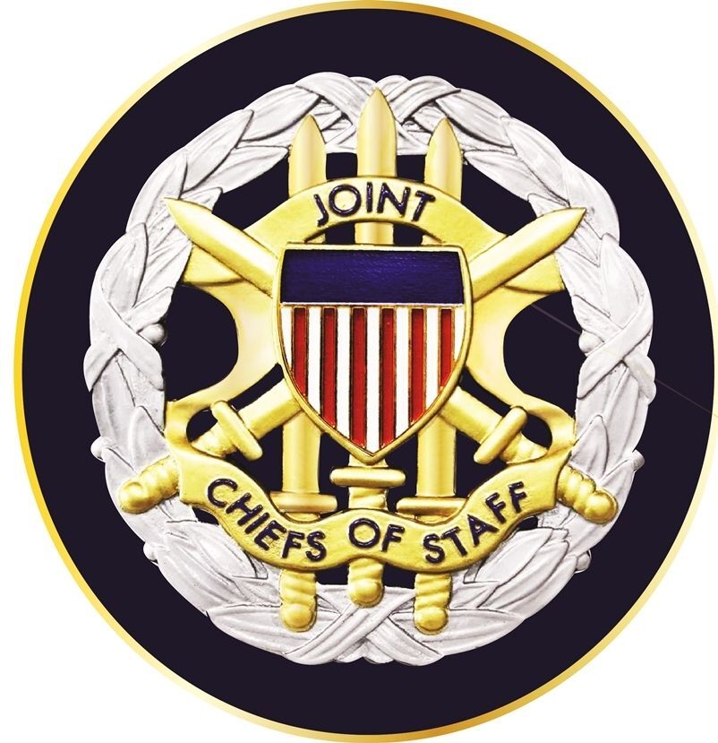 IP-1190 - Carved Plaque of the Seal/Crest of the Joint Chiefs of Staff (JCOS), US DoD,  Artist Painted with Metallic Silver & Brass