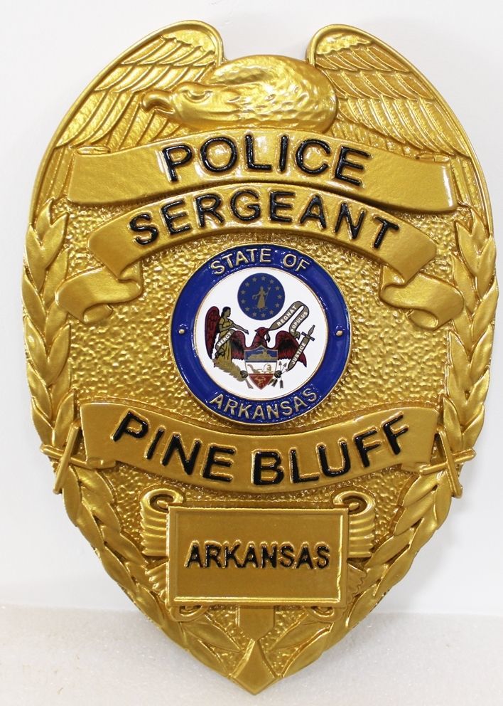 PP-1424 -  Carved 3-D Bas-Relief HDU Plaque of the Badge of a Police Sergeant, Pine Bluff, Arkansas 