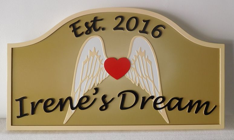 L21943 - Carved and Sandblasted 2.5-D HDU Coastal Residence Sign,  " Irene's Dream", with Angel's Wings and a Heart as Artwork 