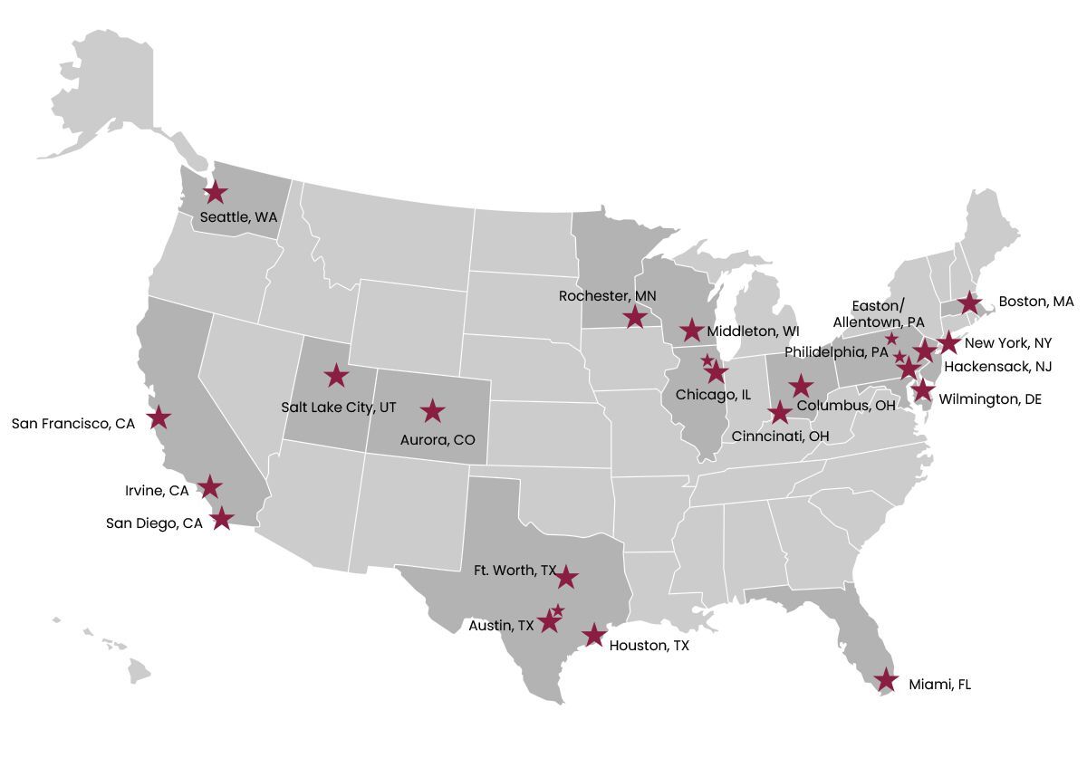 Clinical Care Network Locations in stars on a US map