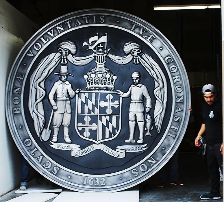 TA1021 -  10 ft diameter exterior wall plaque of the State of Maryland's  Great Seal,  carved in 3-D bas-relief