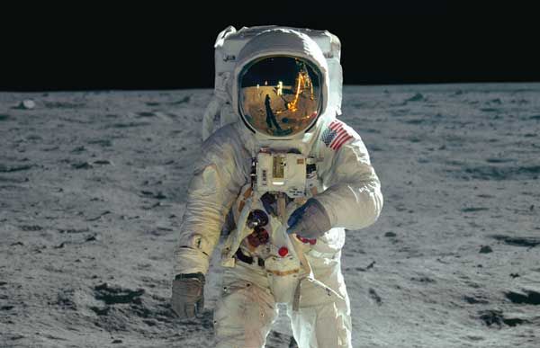 Buzz Aldrin walks on the Moon.