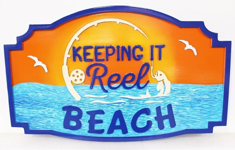 L21367 - Carved 2.5-D Raised Relief  Sign  "Keeping it Reel Beach", with a a Fish, Rod & Reel  against an Ocean Background as Artwork