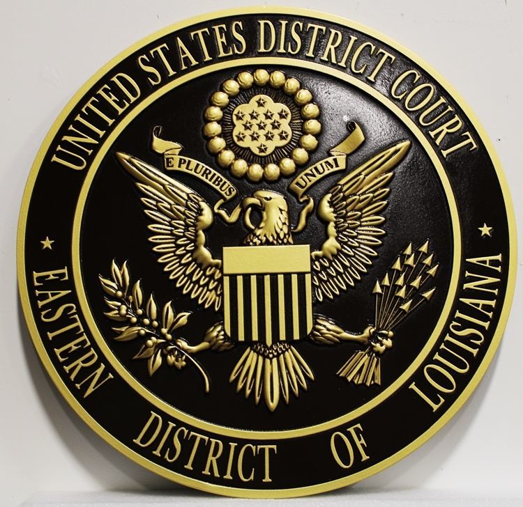 FP-1376- Carved 3-D Brass-Plated HDU Plaque of the Seal of the United States District Court, Eastern District of Louisiana