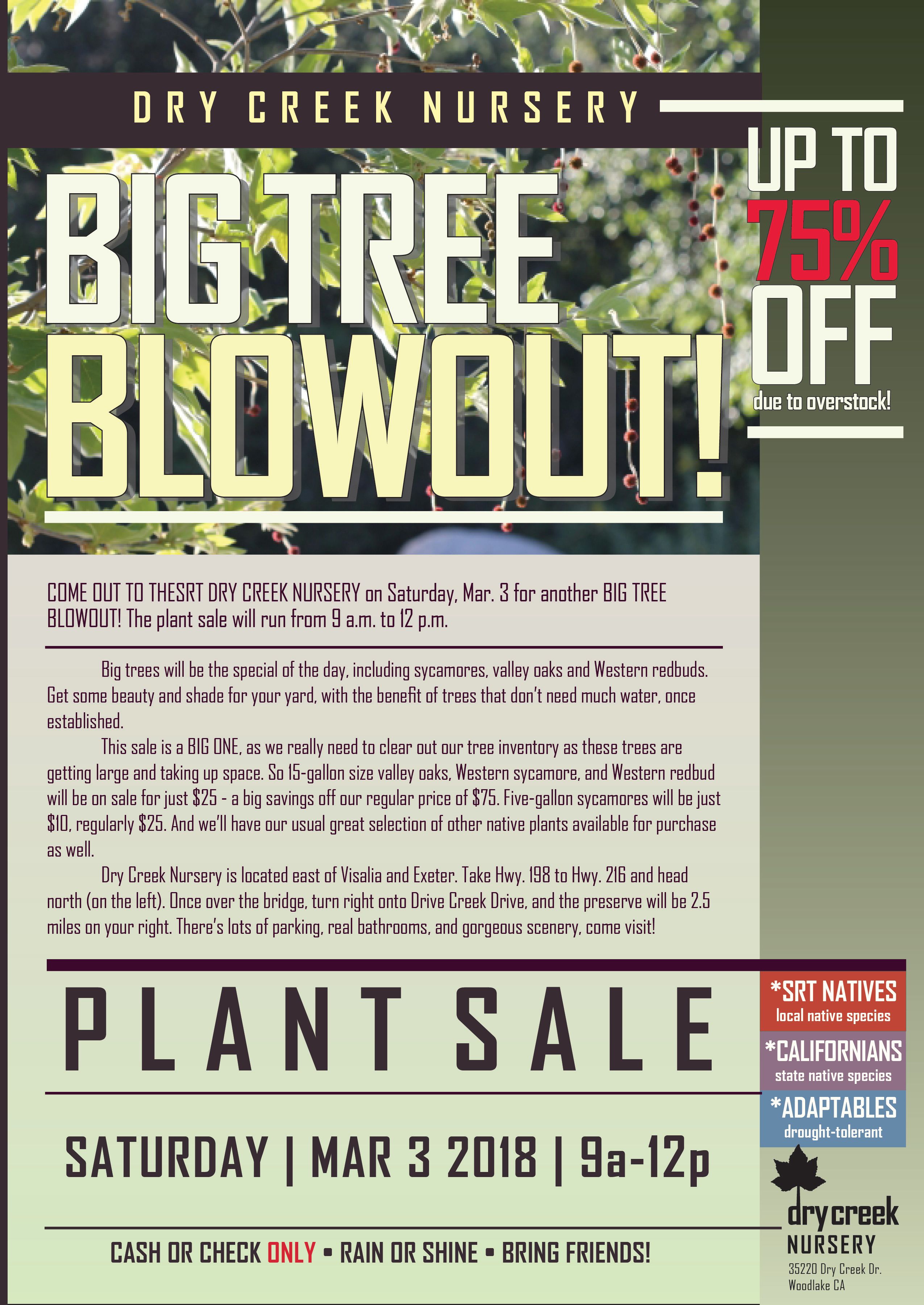 BIG TREE BLOWOUT returns to SRT Dry Creek Nursery Mar. 3