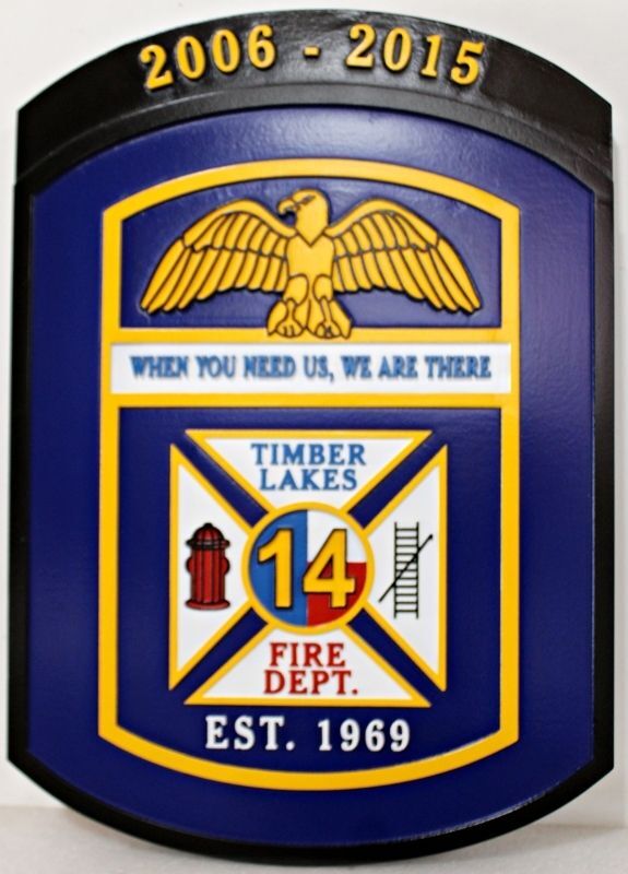 QP-3027 - Carved Blue Wall Plaque of Timber Lakes Fire Department Shield Plaque, Montgomery County, Texas, Painted HDU
