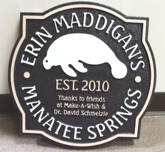 GA16492 - Carved HDU Sign for Manatee Springs with Carved Manatee