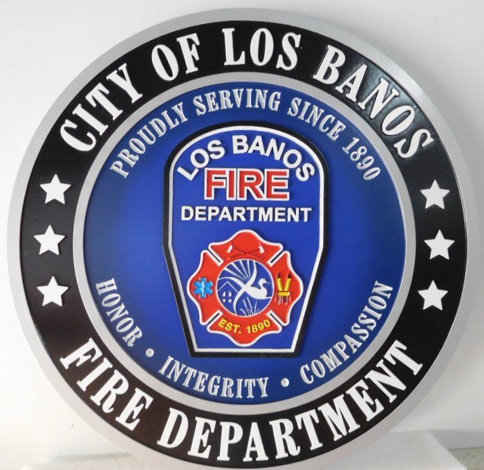 QP-3032 - Carved Wall Plaque of  the Seal  of the City of Los Banos  Fire Department, California, Artist Painted 