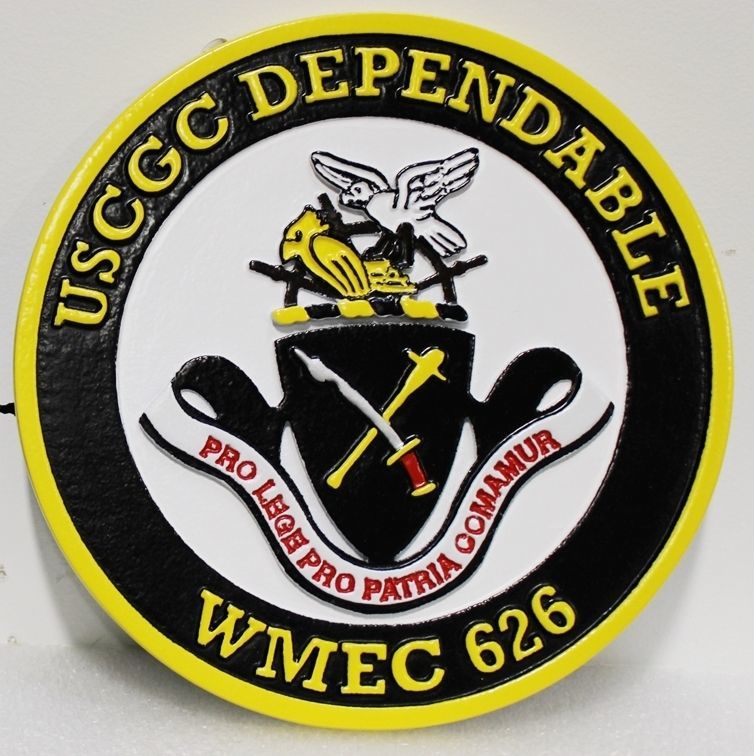 NP-2130- Carved 2-5 D HDU Plaque of the Crest of the US Coast Guard Cutter Dependable, WMEC-626