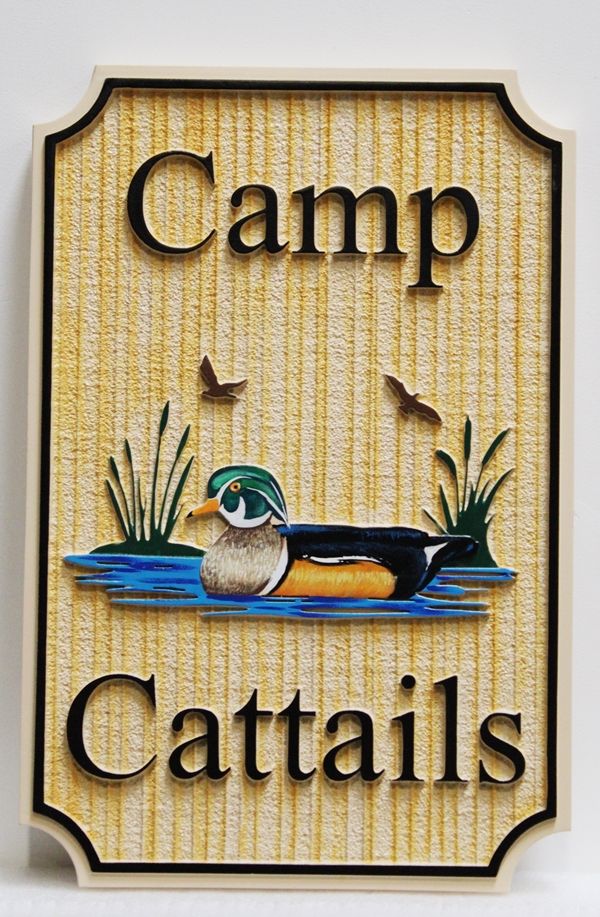 M22718 - Carved and Sandblasted 2.5-D High-Density-Urethane Cabin Sign "Camp Cattails" with a Mallard Duck Swimming among Bullrushes as Artwork