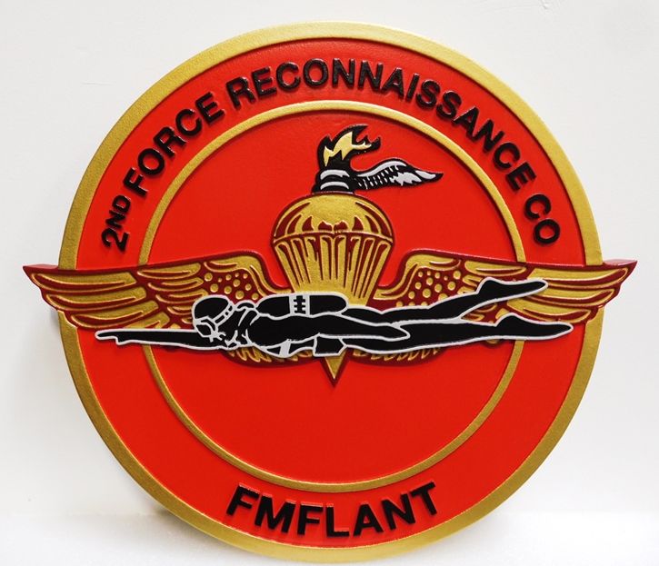 KP-2140 -  Carved Plaque of  the Insignia of 2nd  Force Reconnaissance (FMFLANT) , US Marine Corps, 2.5-D  Artist Painted