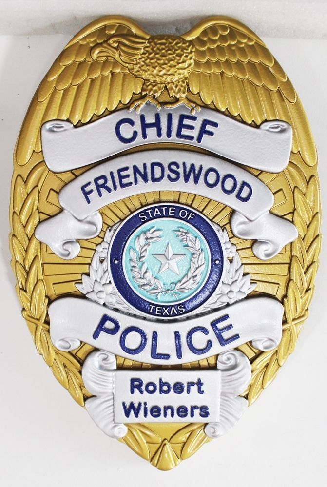 PP-1473A- Carved 3-D Bas-Relief HDU Personalized  Plaque of the Badge of the Friendswood Police Department, Texas.