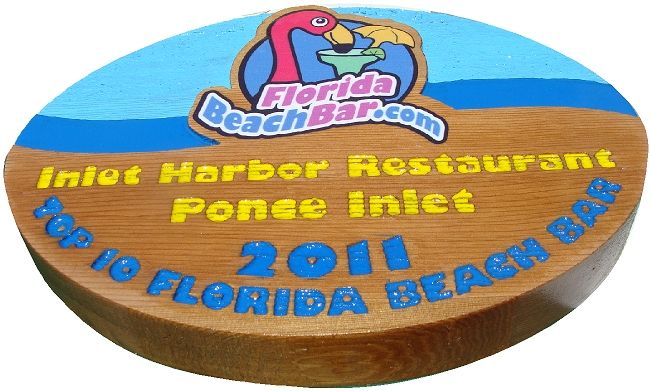 L22257 - Painted Wood Sign for Inlet Harbour Restaurant Beach Bar with Pink Flamingo "Top 10 Beach Bars" 
