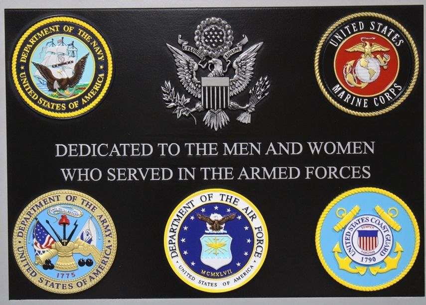 IP-1313 - Plaque Dedicated to the Men and Women Who Served in the Armed Forces, with Five Carved Service Seals and US Seal Eagle