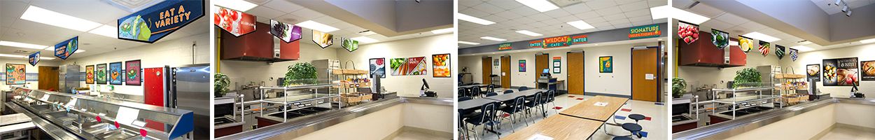 4 pictures of cafeteria signs with different school graphics, custom signs, nutrition education