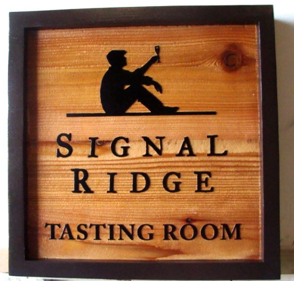 R27035 - Carved and Sandblasted  Cedar "Signal Ridge Wine Tasting Room" Sign, with Wine Drinker
