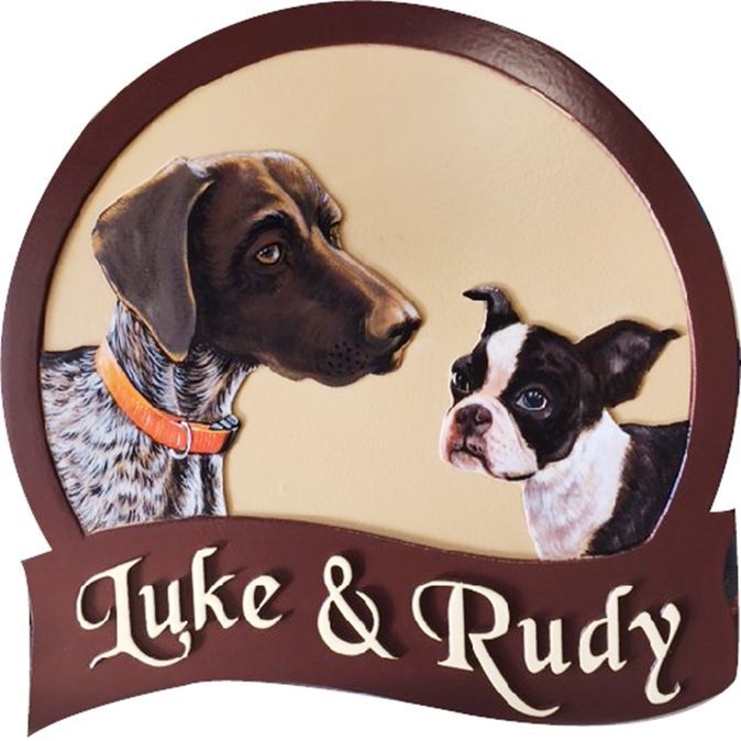 I18603 - Carved High-Density-Urethane (HDU) Property Name Sign, with Arist-Painted Portraits of Two Dogs "Luke & Rudy" (Live Here).