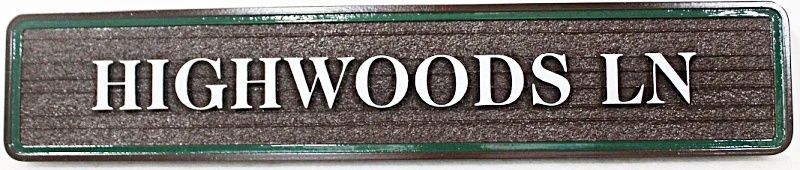 H17085 - Carved 2.5-D HDU Street Name Sign for "Highwoods Lane"