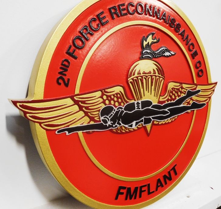 KP-2150 -  Carved Plaque of  the Insignia of 2nd Force Reconnaissance (FMFLANT) , US Marine Corps, 2.5-D  Artist Painted (Side View)