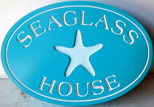 L21502A -Engraved Coastal Residence Sign "Seaglass House", with Recessed Starfish