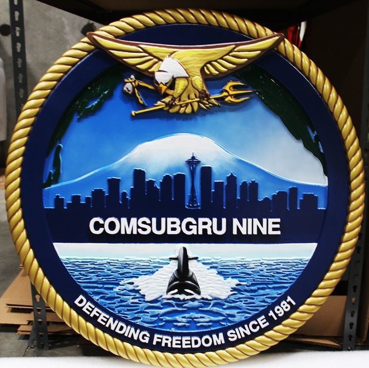 JP-2025 - Carved 3-D Plaque of the Crest of Submarine Group 9 in Seattle (COMSUBGRU 9) 