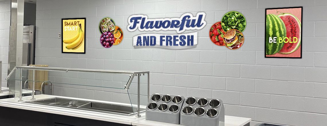 4 images of food murals in school café, custom signs, fruit and vegetable images, food art
